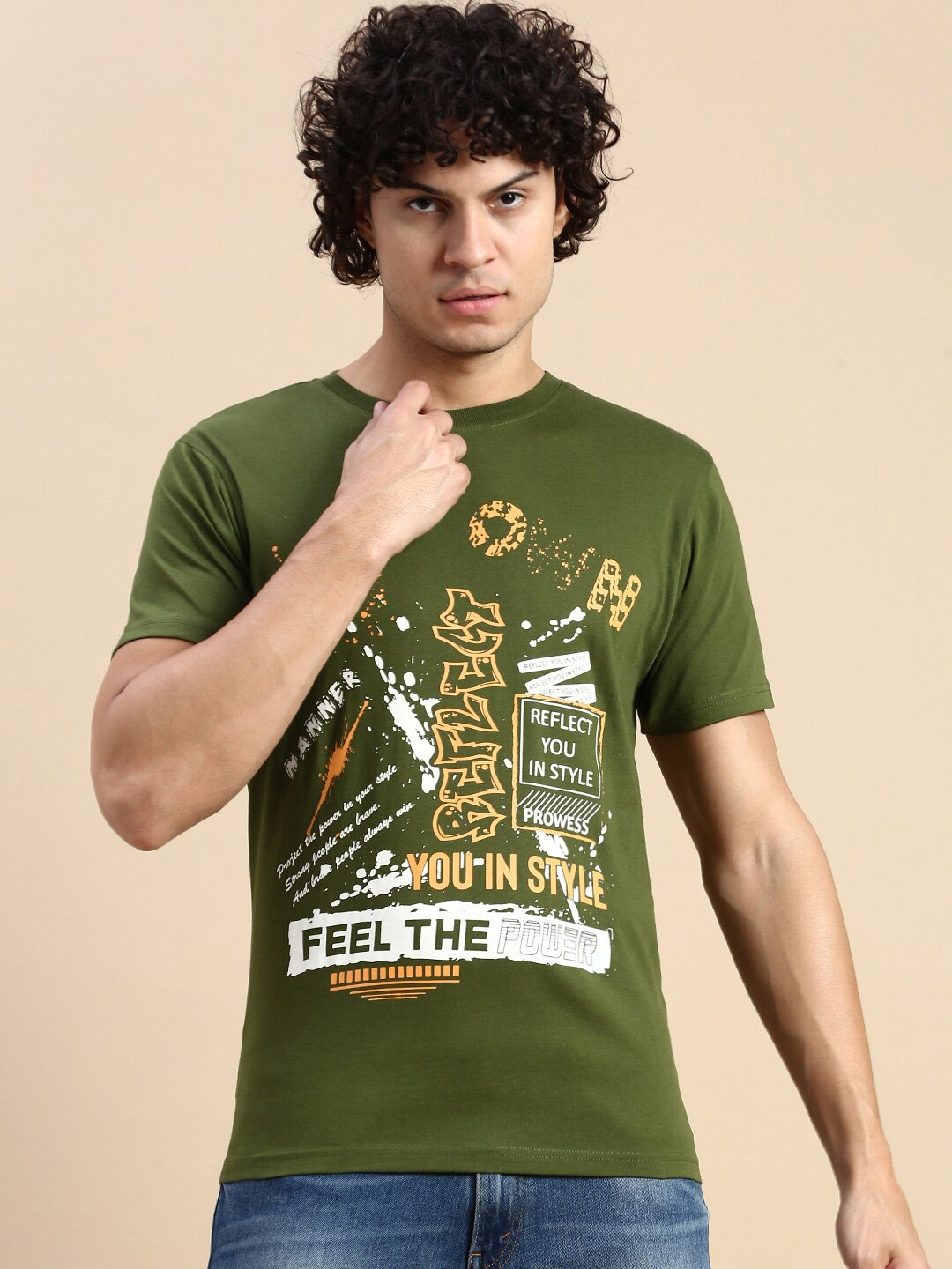

BLACK RADIO Graphic Printed Round Neck Cotton Regular T-shirt, Olive