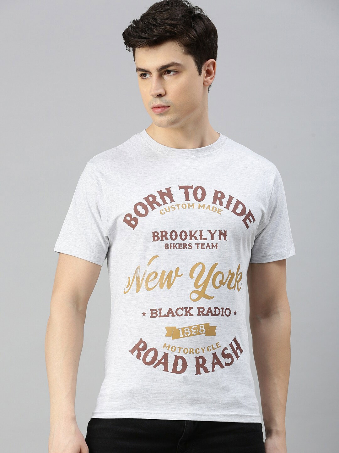 

BLACK RADIO Typography Printed Pure Cotton T-shirt, Grey