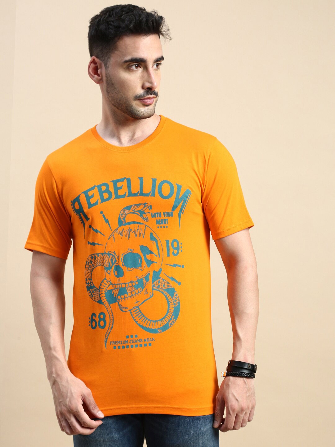 

BLACK RADIO Graphic Printed Pure Cotton Regular Fit T-shirt, Orange