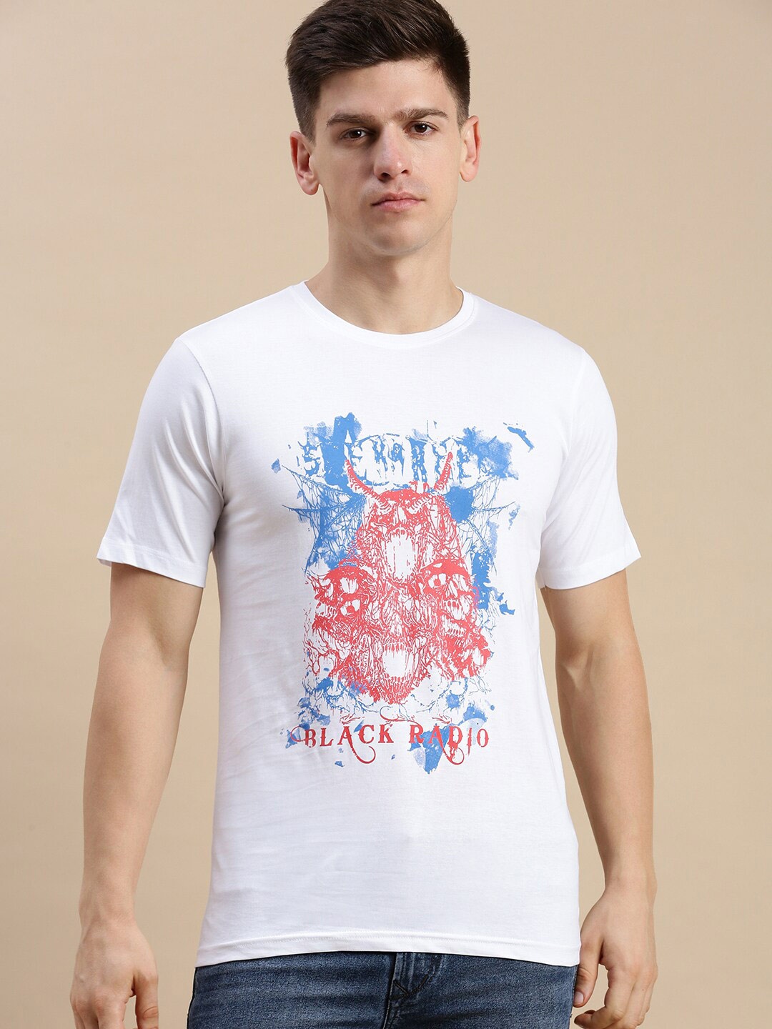 

BLACK RADIO Graphic Printed Pure Cotton Regular Fit T-shirt, White