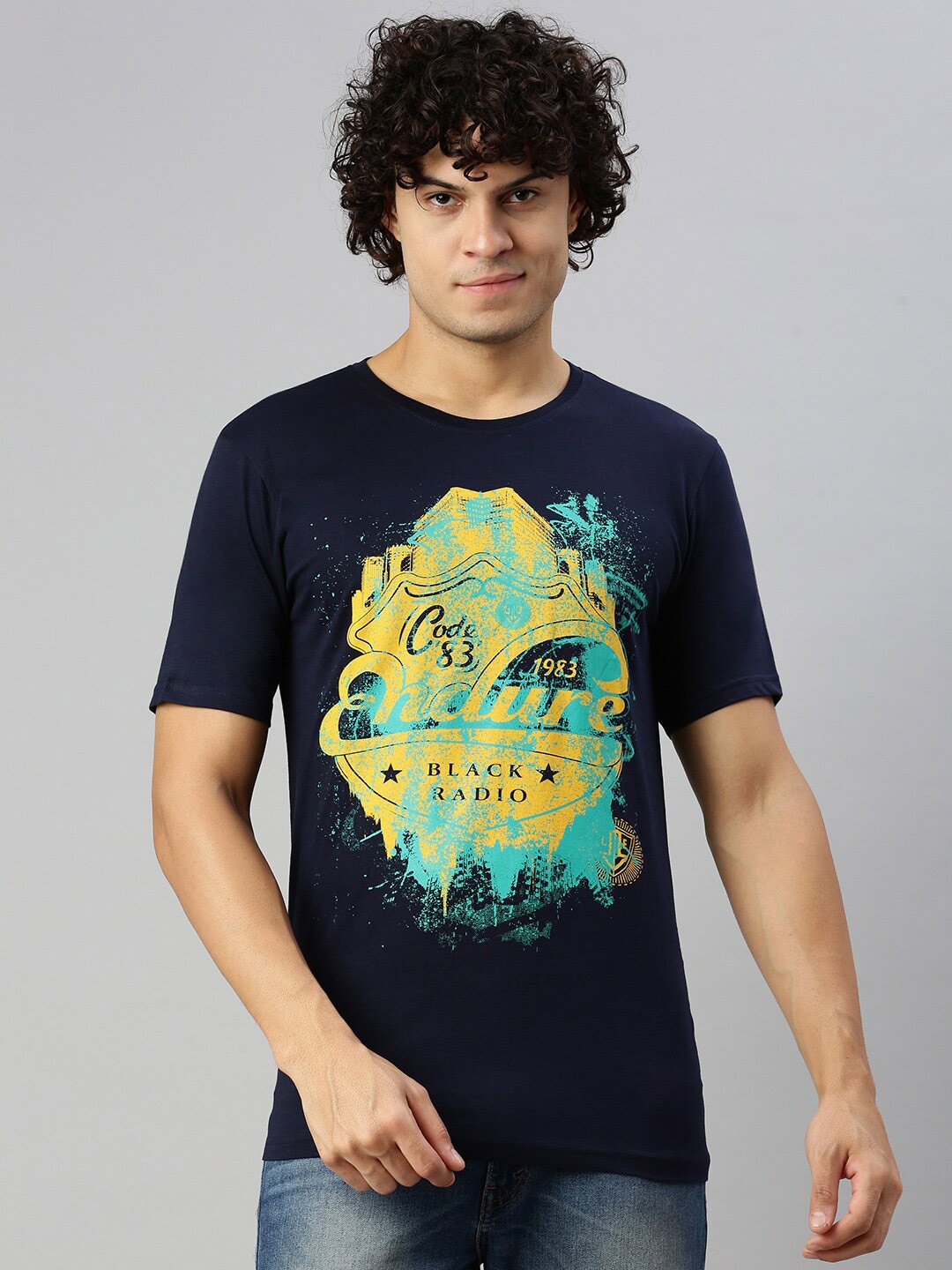 

BLACK RADIO Graphic Printed Pure Cotton Regular Fit T-shirt, Navy blue