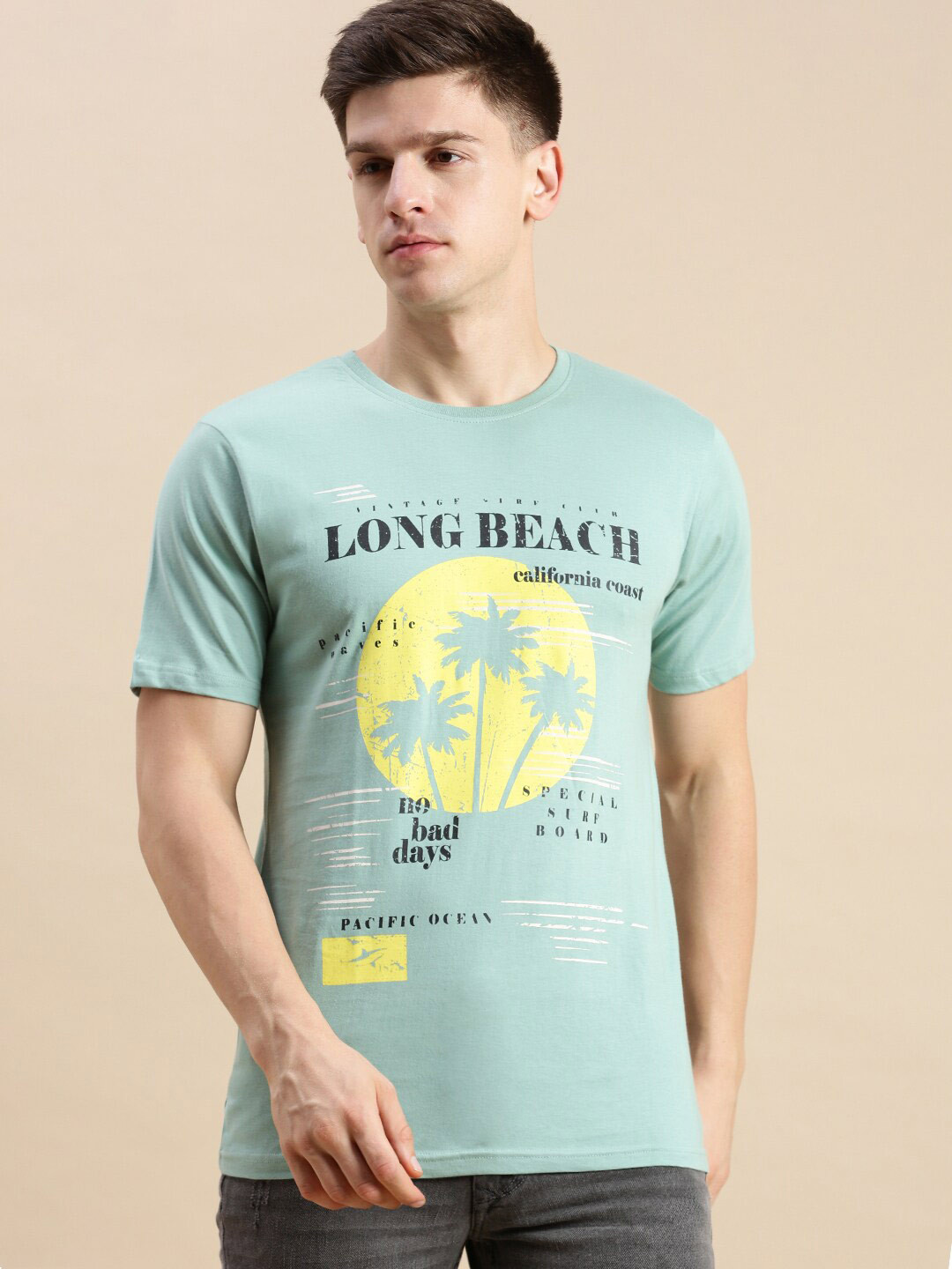 

BLACK RADIO Typography Printed Round Neck Pure Cotton T-shirt, Sea green