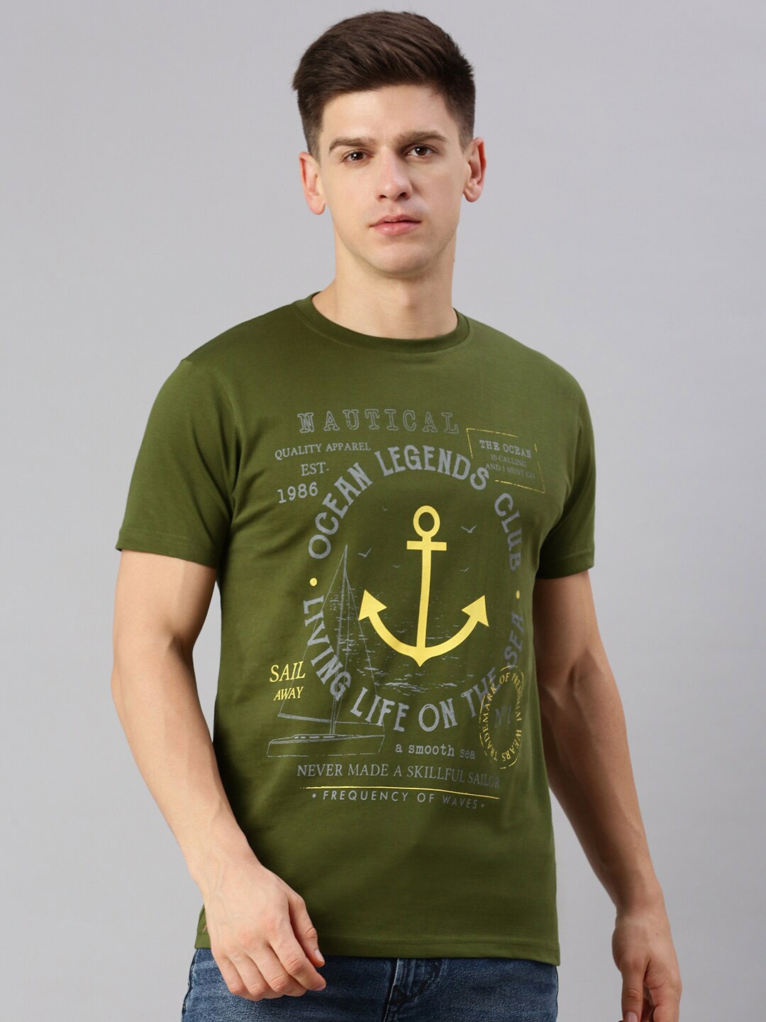 

BLACK RADIO Typography Printed Round Neck Pure Cotton T-shirt, Olive