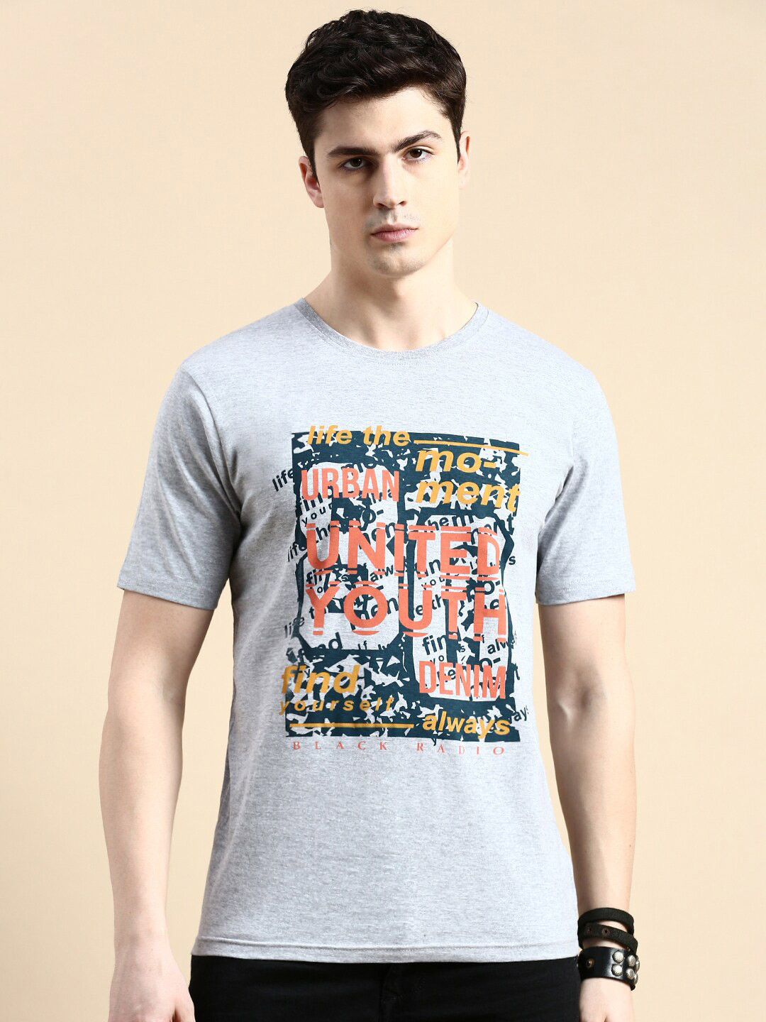 

BLACK RADIO Typography Printed Round Neck Pure Cotton T-shirt, Grey melange