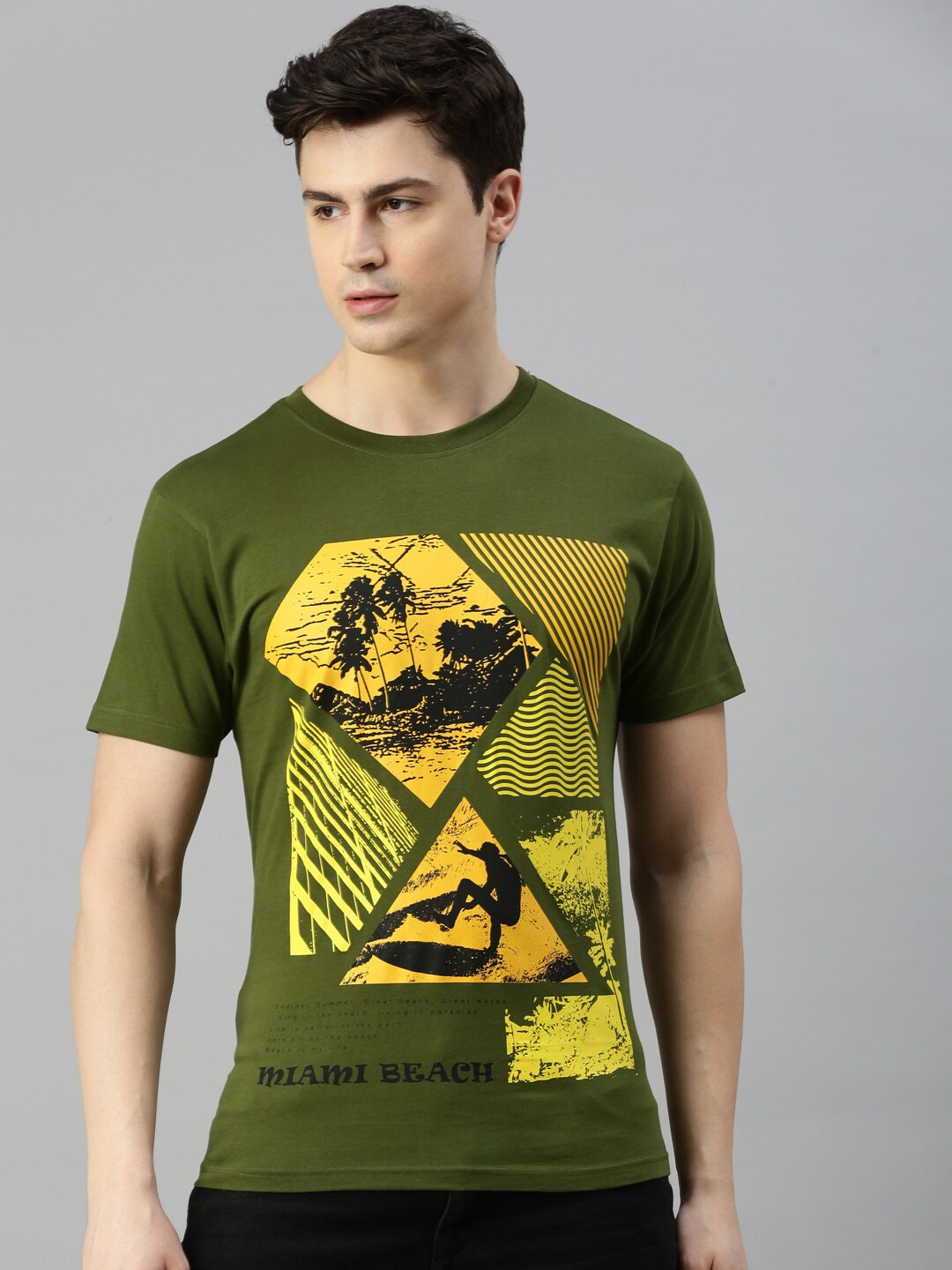 

BLACK RADIO Graphic Printed Round Neck Pure Cotton T-shirt, Olive