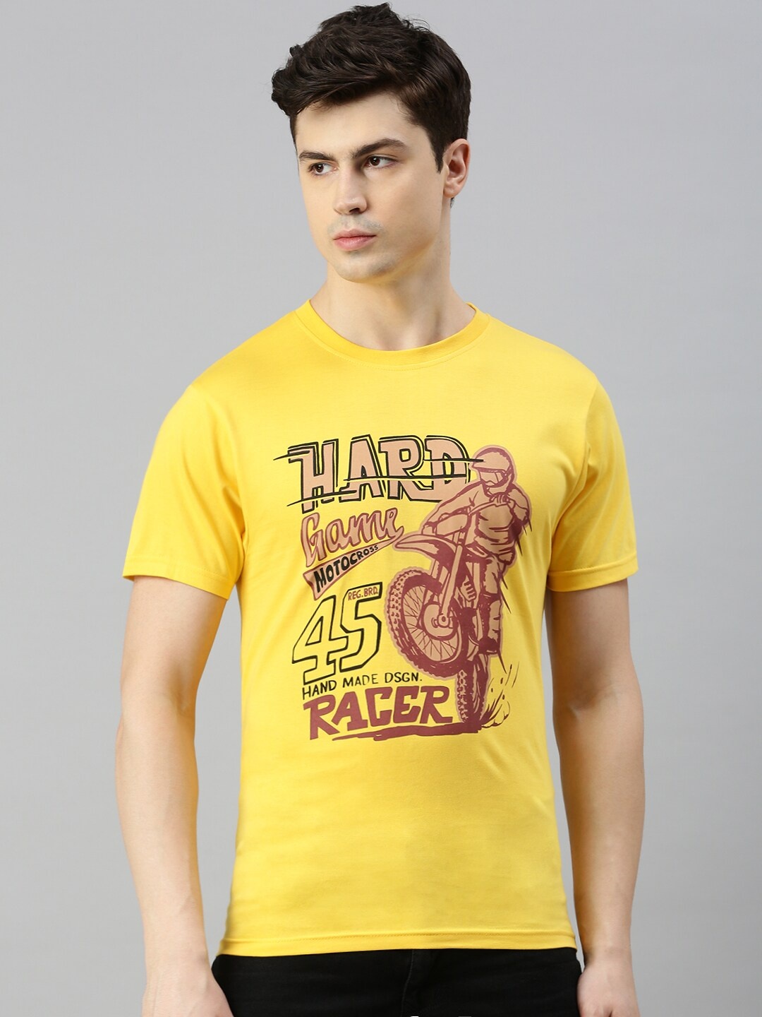 

BLACK RADIO Biker Printed Pure Cotton T-shirt, Yellow