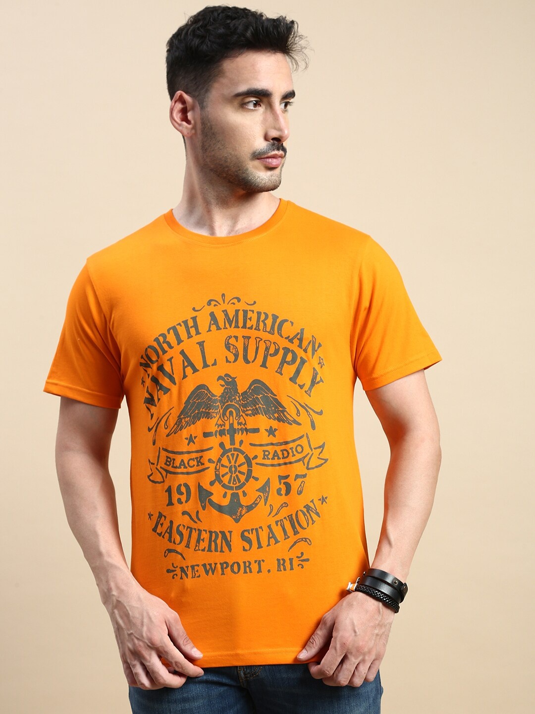 

BLACK RADIO Typography Printed Pure Cotton T-shirt, Orange