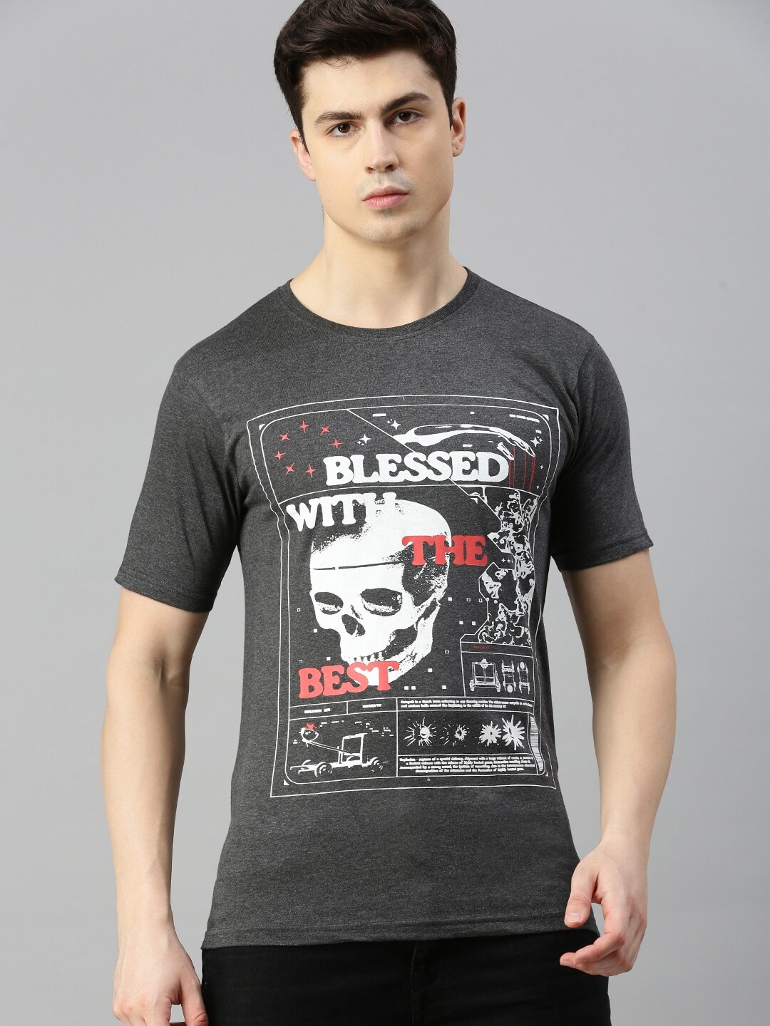 

BLACK RADIO Graphic Printed Pure Cotton T-shirt, Charcoal