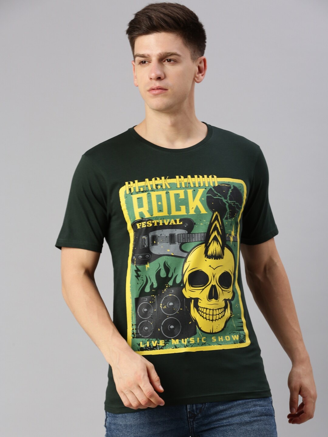 

BLACK RADIO Graphic Printed Pure Cotton T-shirt, Green