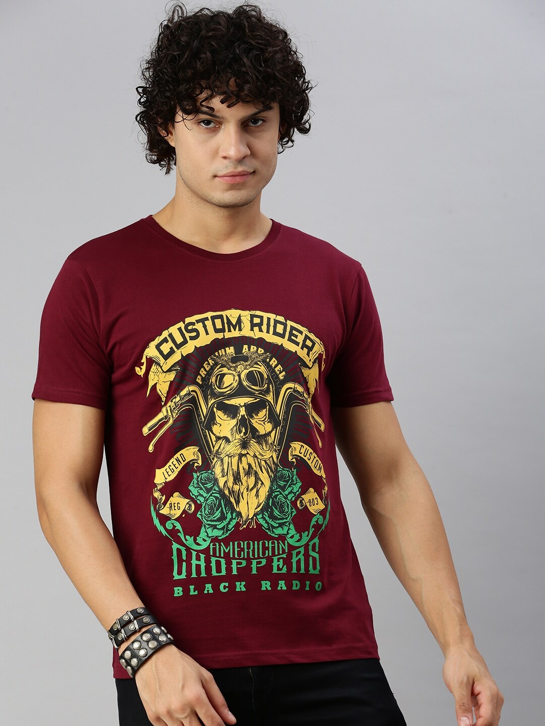 

BLACK RADIO Graphic Printed Pure Cotton T-shirt, Maroon