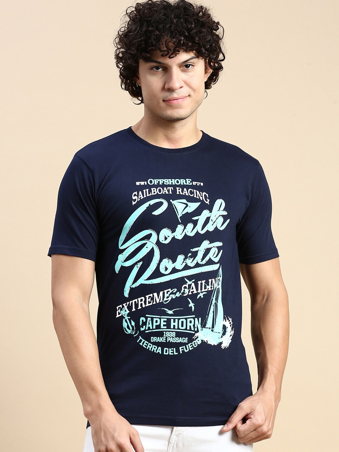 

BLACK RADIO Typography Printed Pure Cotton T-shirt, Navy blue