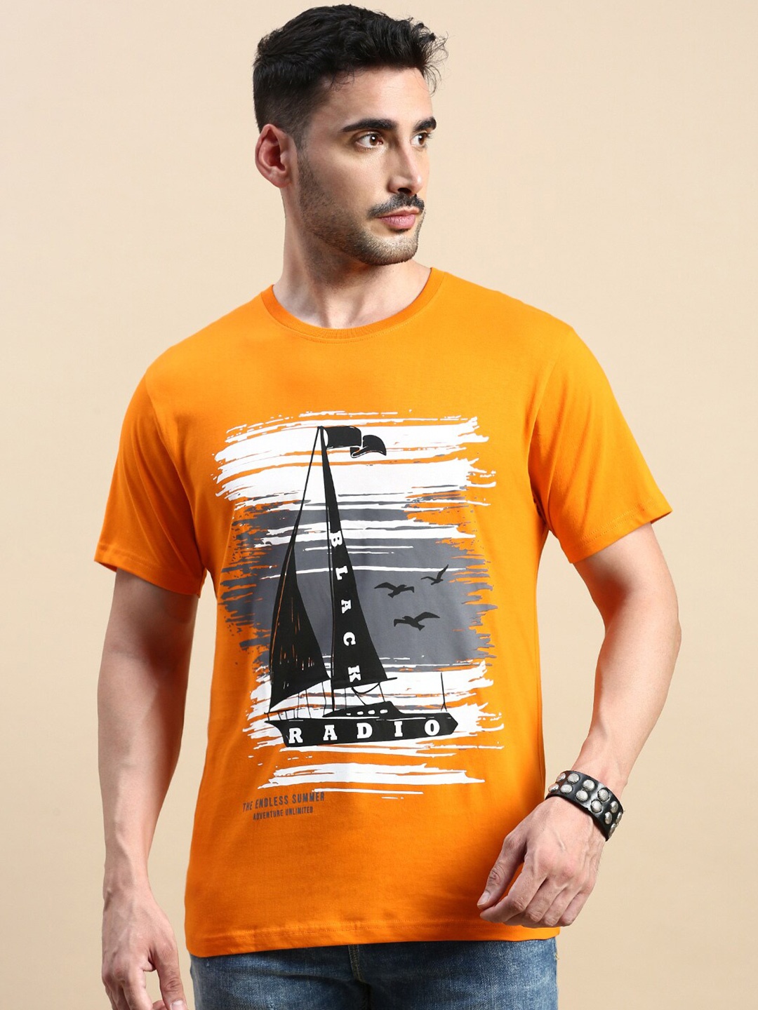 

BLACK RADIO Graphic Printed Pure Cotton T-shirt, Orange