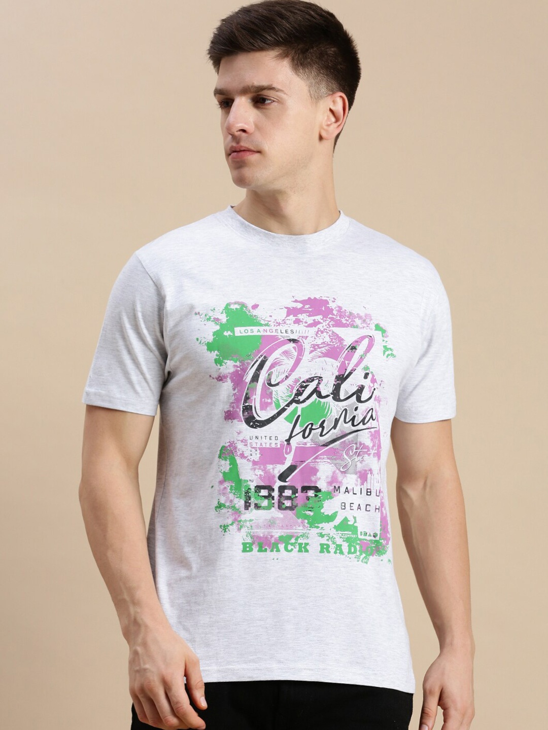 

BLACK RADIO Typography Printed Round Neck Cotton Regular T-shirt, Off white