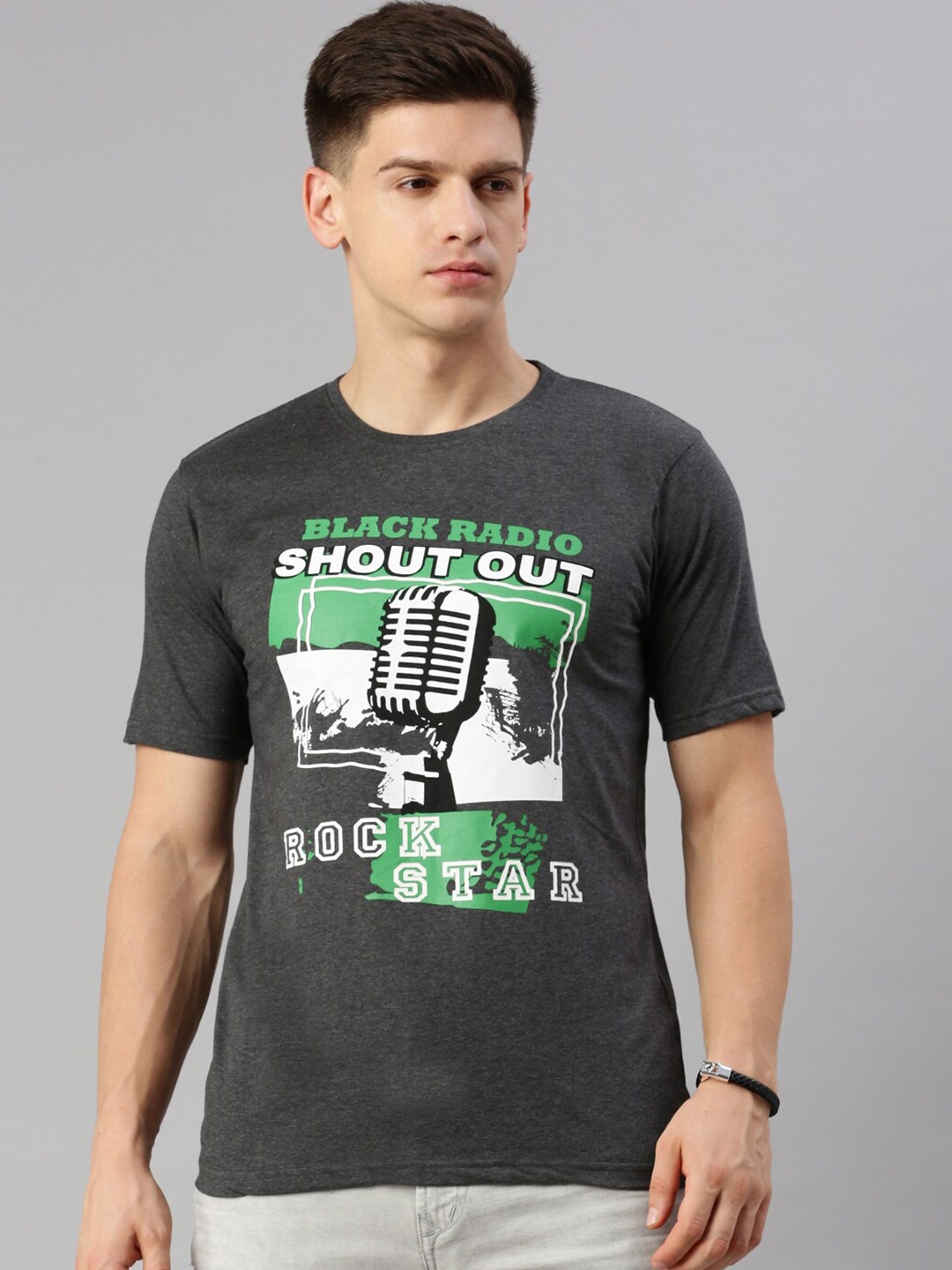 

BLACK RADIO Graphic Printed Pure Cotton T-shirt, Charcoal