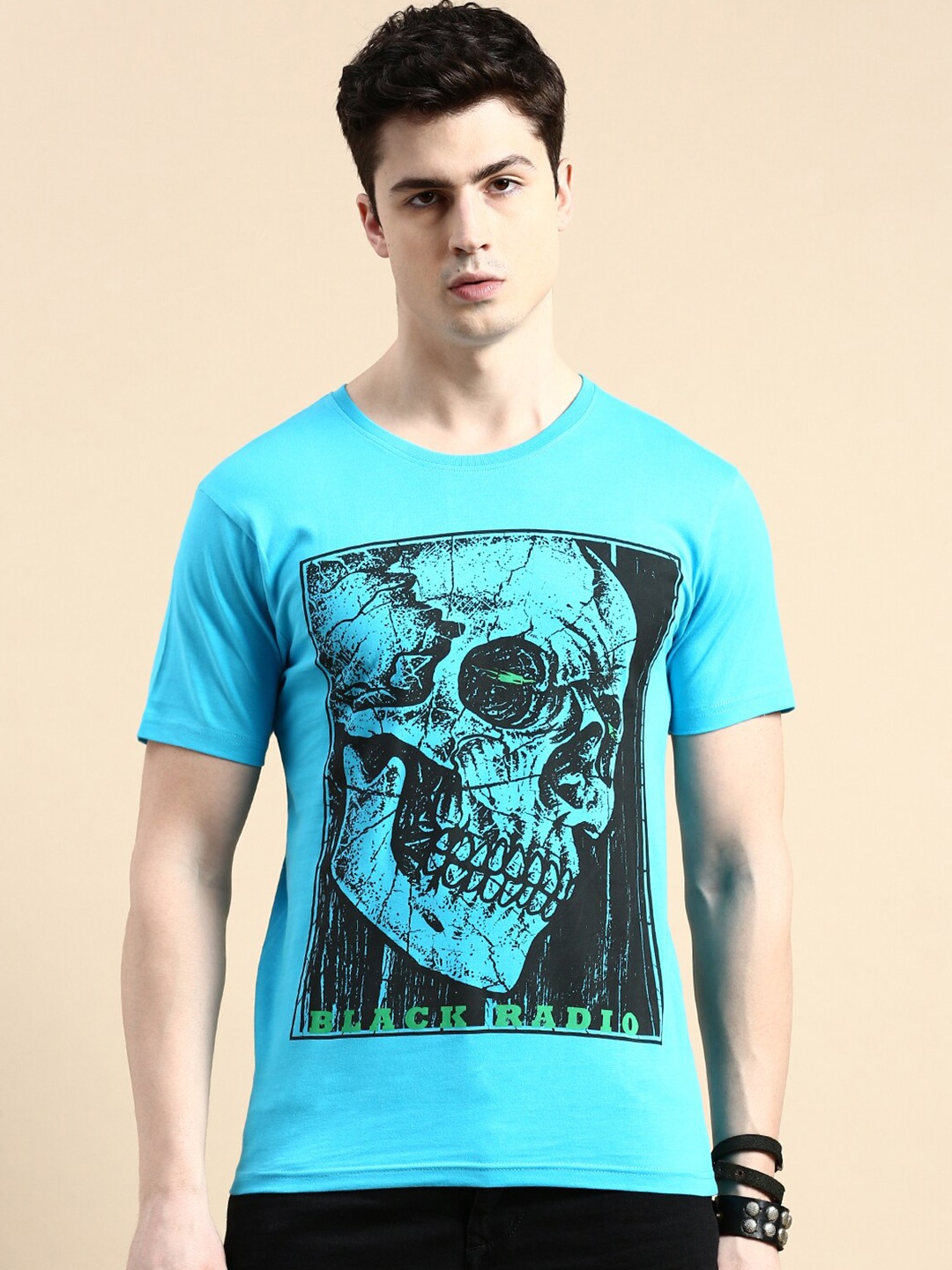 

BLACK RADIO Graphic Printed Pure Cotton T-shirt, Turquoise blue