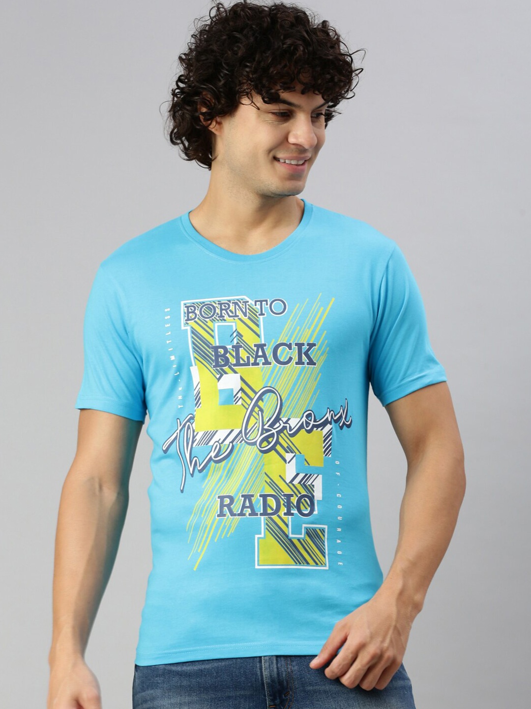 

BLACK RADIO Typography Printed Pure Cotton T-shirt, Turquoise blue
