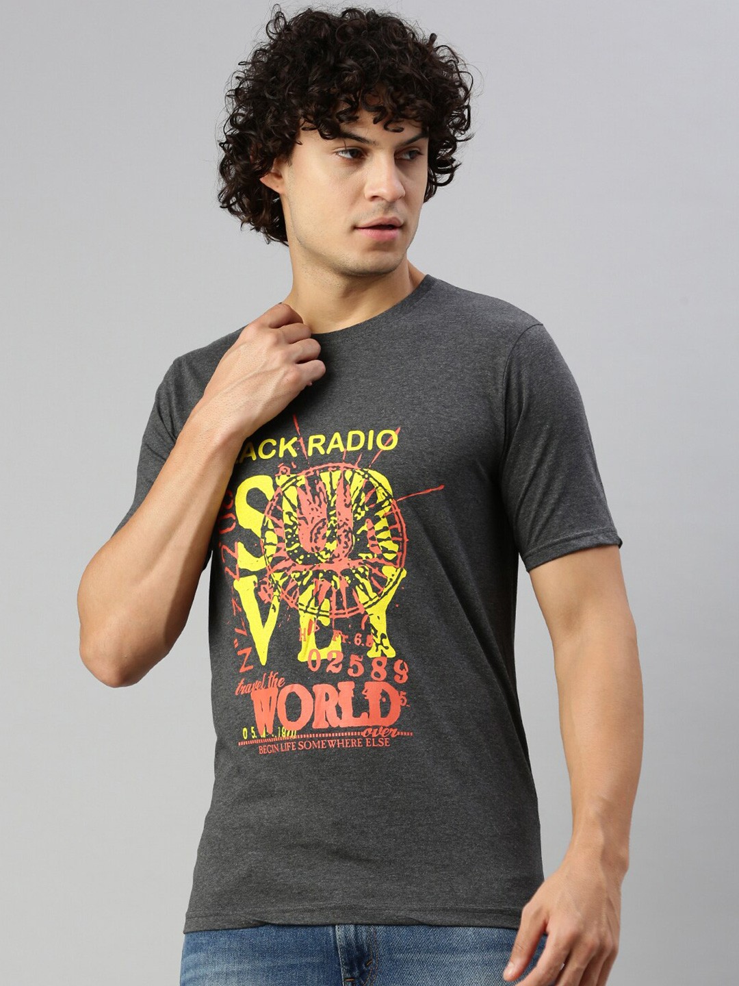 

BLACK RADIO Graphic Printed Pure Cotton T-shirt, Charcoal