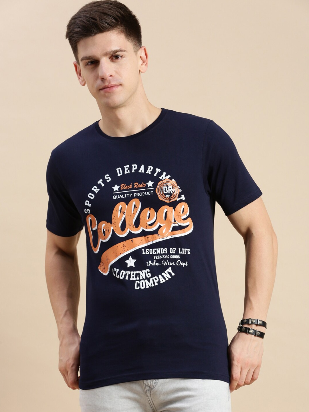 

BLACK RADIO Typography Printed Pure Cotton T-shirt, Navy blue