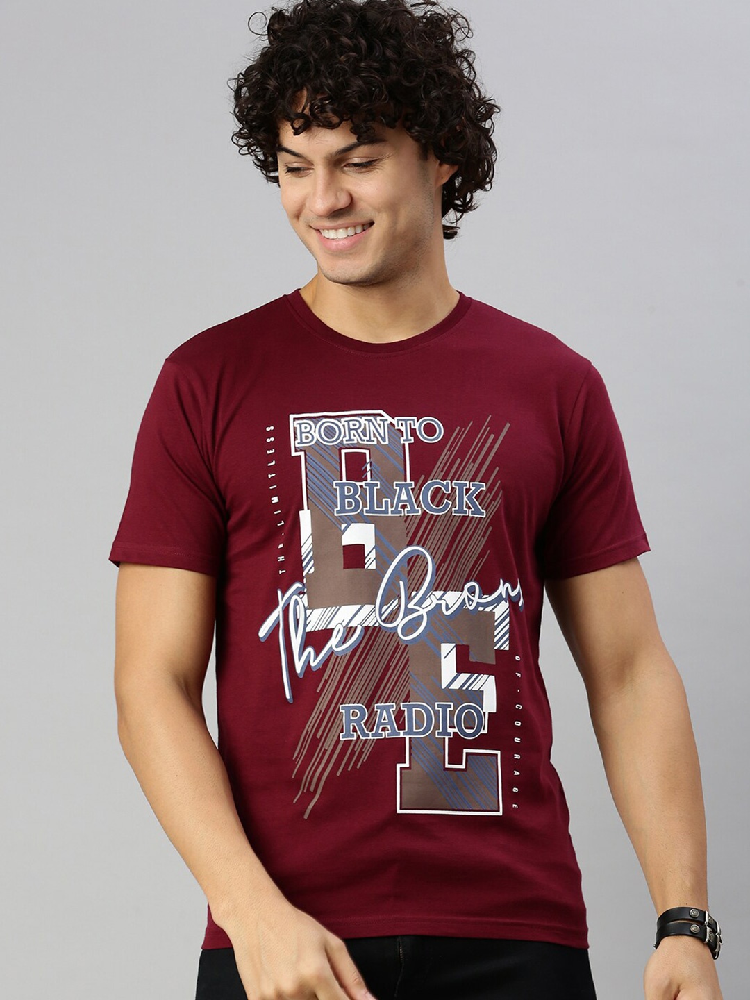 

BLACK RADIO Typography Printed Pure Cotton T-shirt, Maroon
