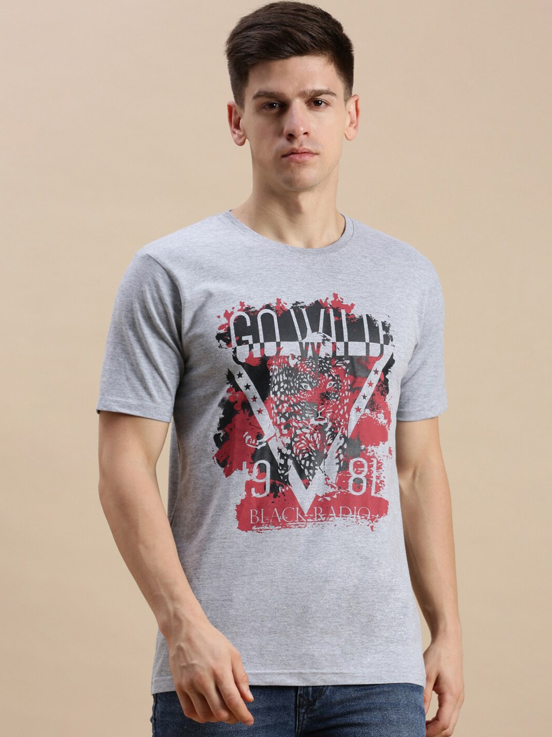 

BLACK RADIO Graphic Printed Pure Cotton T-shirt, Grey melange