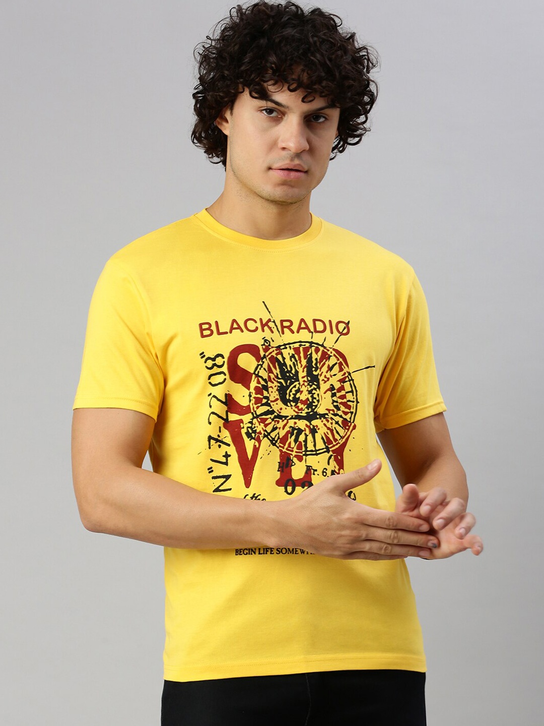 

BLACK RADIO Graphic Printed Pure Cotton T-shirt, Yellow