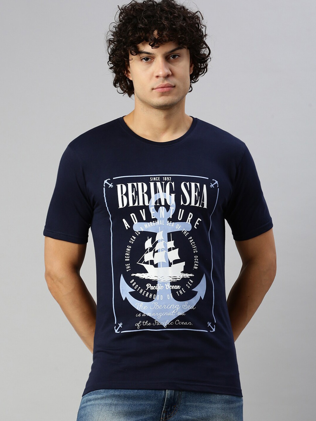 

BLACK RADIO Graphic Printed Pure Cotton T-shirt, Navy blue