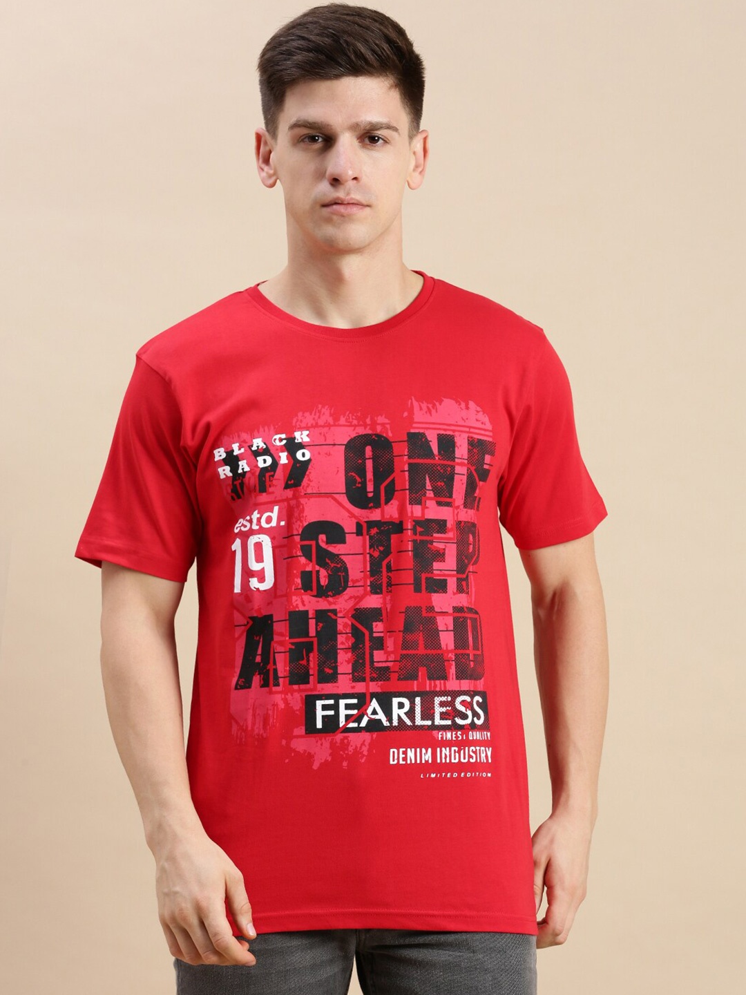 

BLACK RADIO Typography Printed Cotton T-Shirt, Red