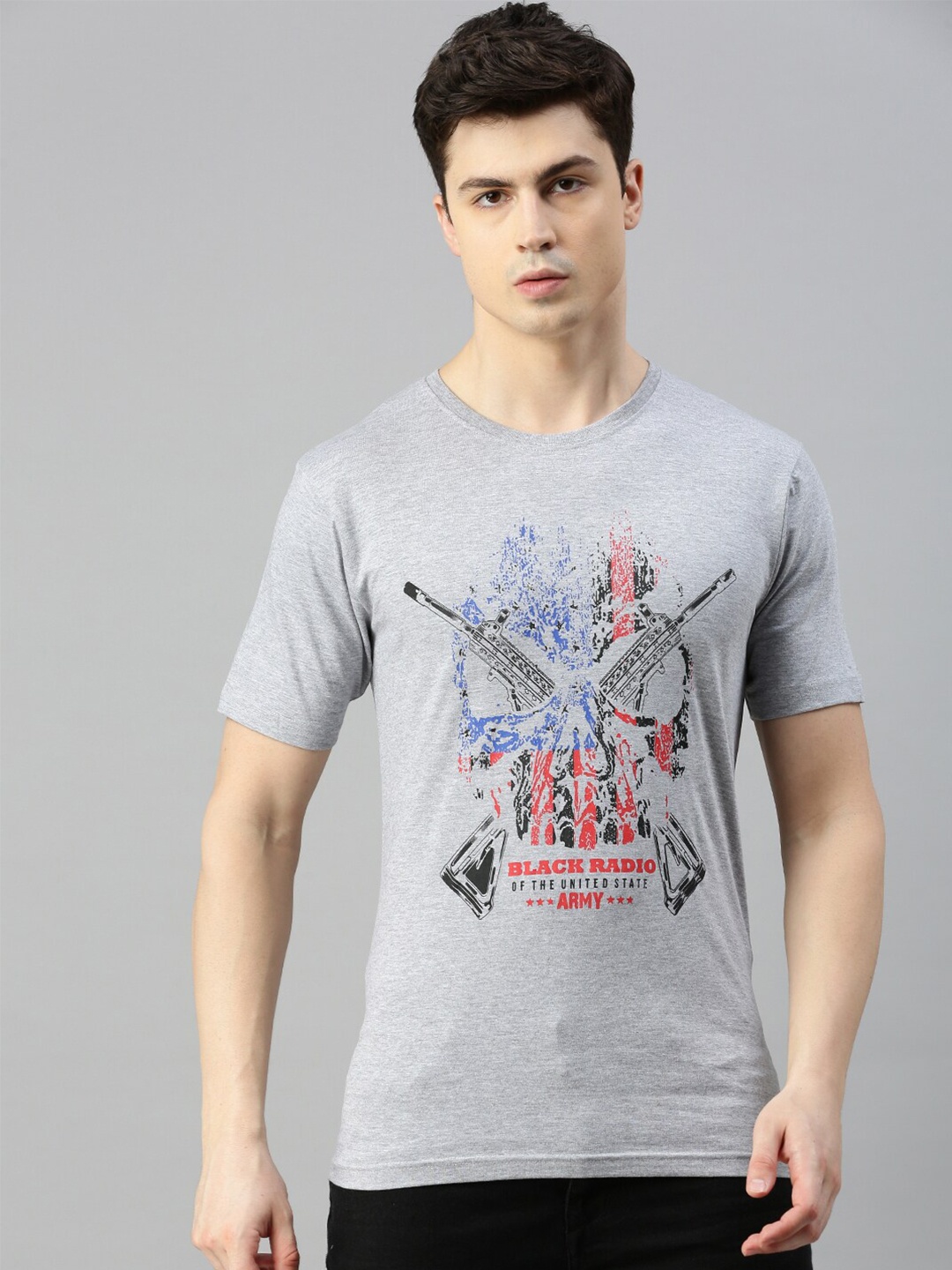 BLACK RADIO Abstract Printed Pure Cotton T-shirt, Grey melange
