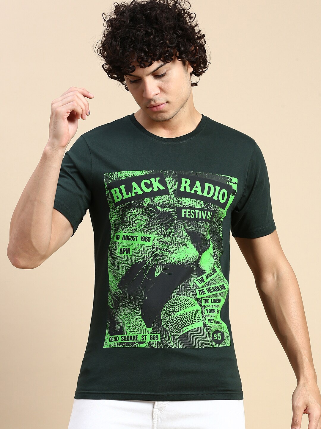 

BLACK RADIO Typography Printed Pure Cotton T-shirt, Green