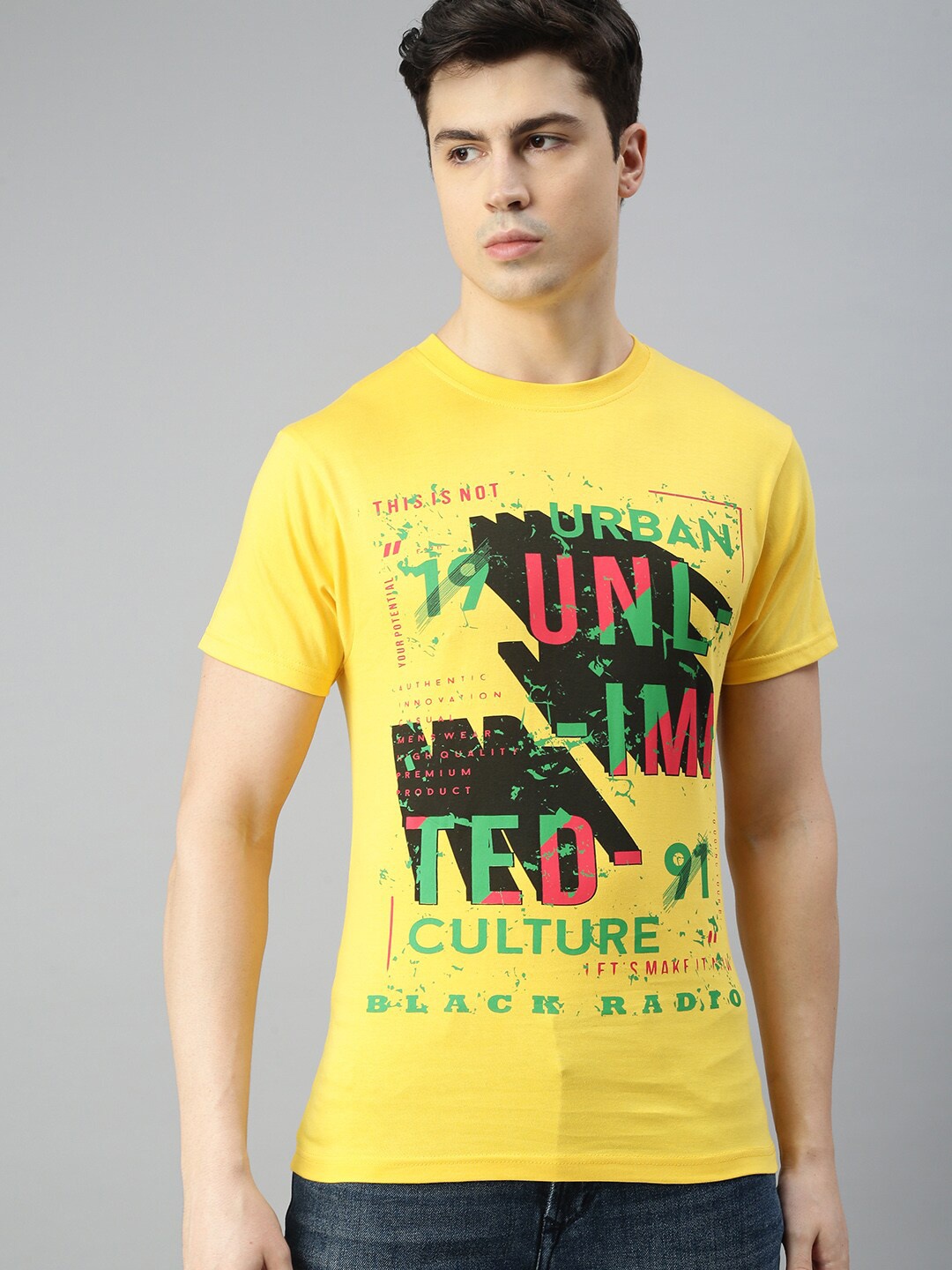 BLACK RADIO Typography Printed Pure Cotton T-shirt, Yellow