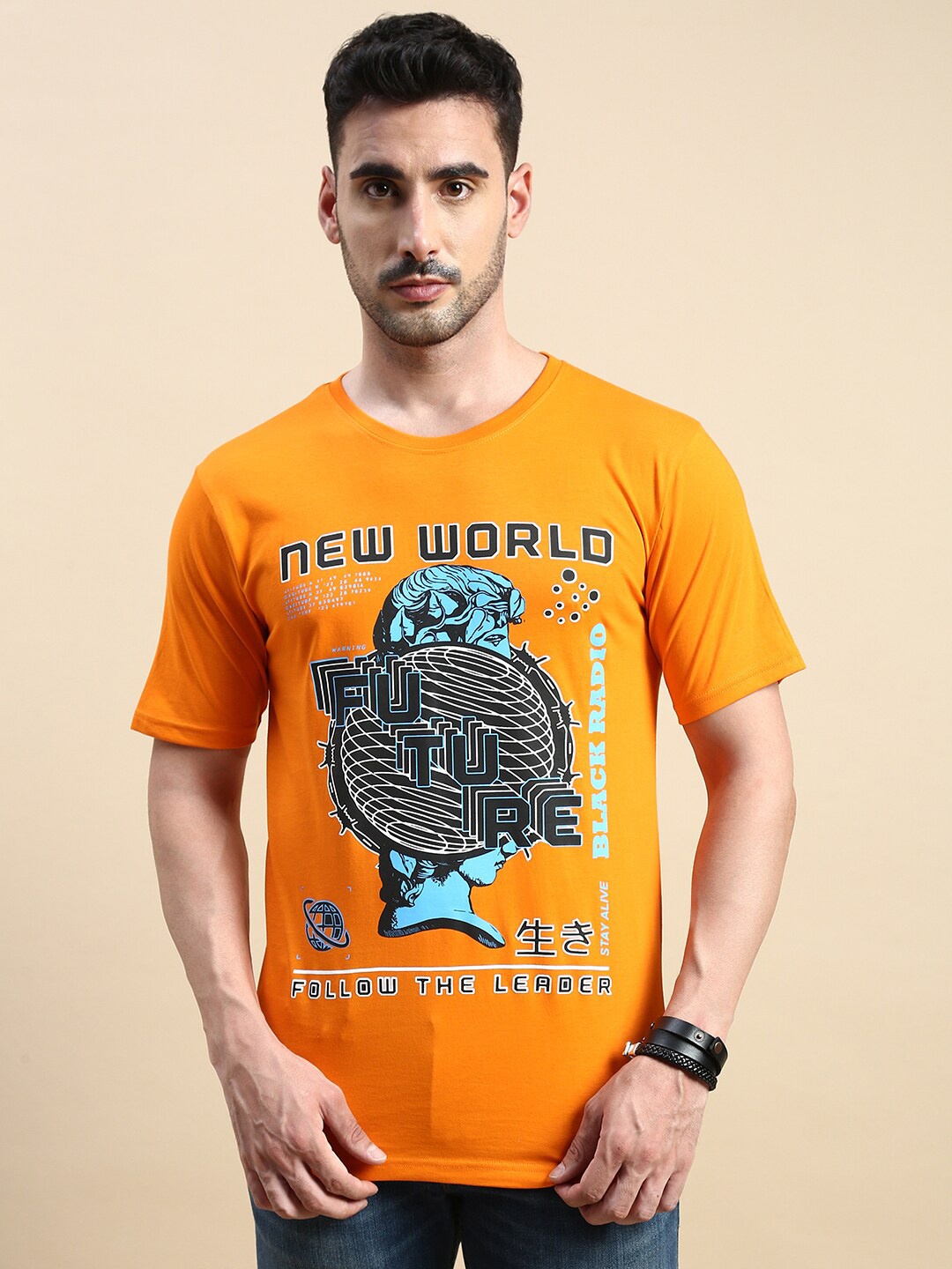 

BLACK RADIO Typography Printed Pure Cotton T-shirt, Orange