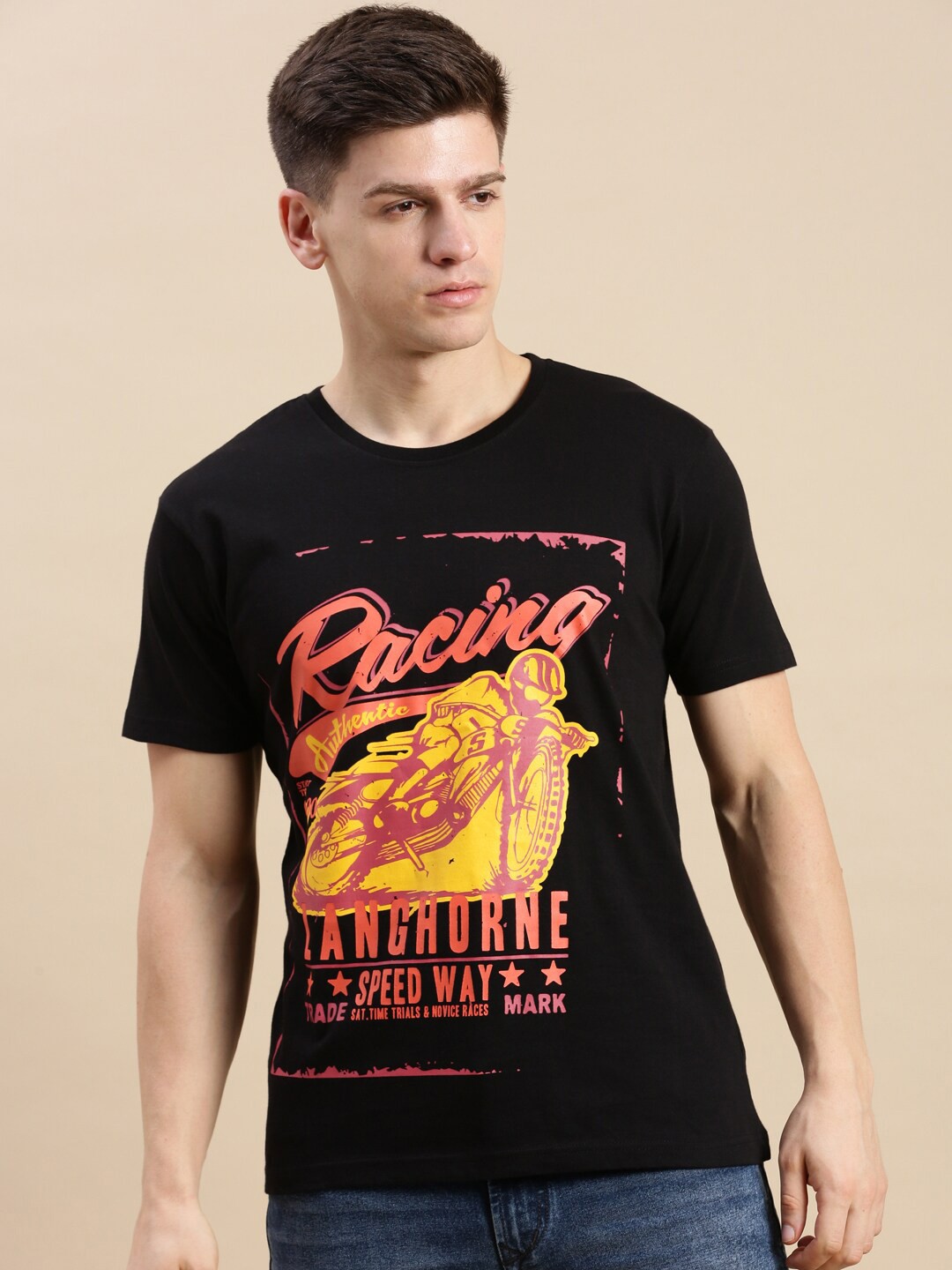

BLACK RADIO Biker Graphic Printed Round Neck Cotton T-shirt