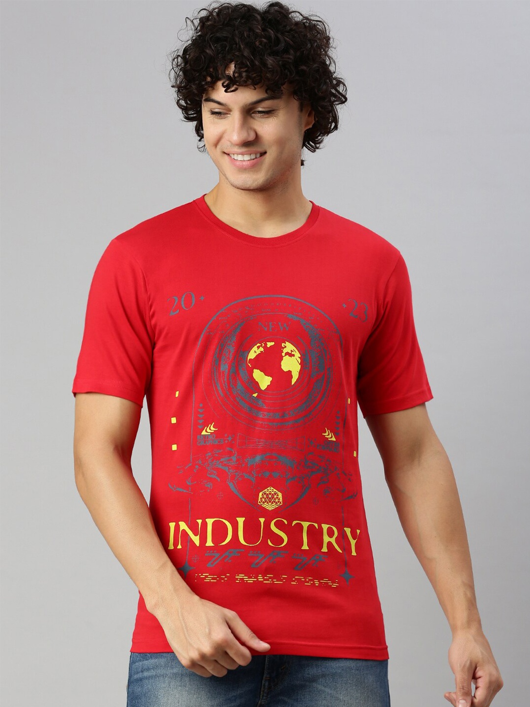 

BLACK RADIO Graphic Printed Round Neck Cotton T-shirt, Red