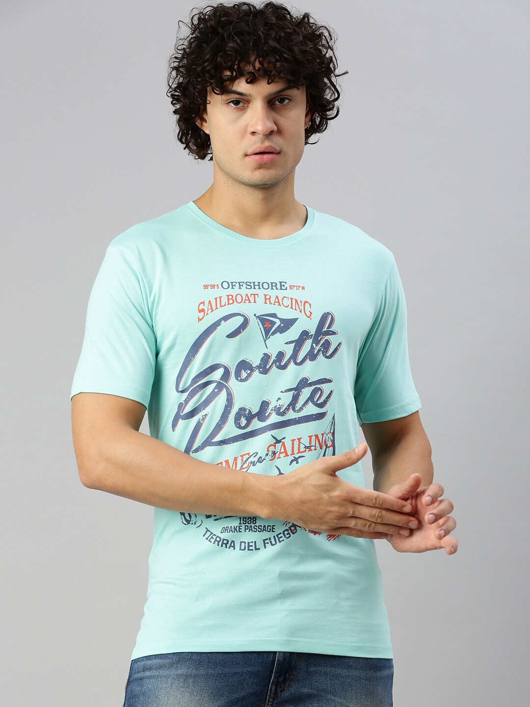 

BLACK RADIO Graphic Printed Round Neck Cotton T-shirt, Blue