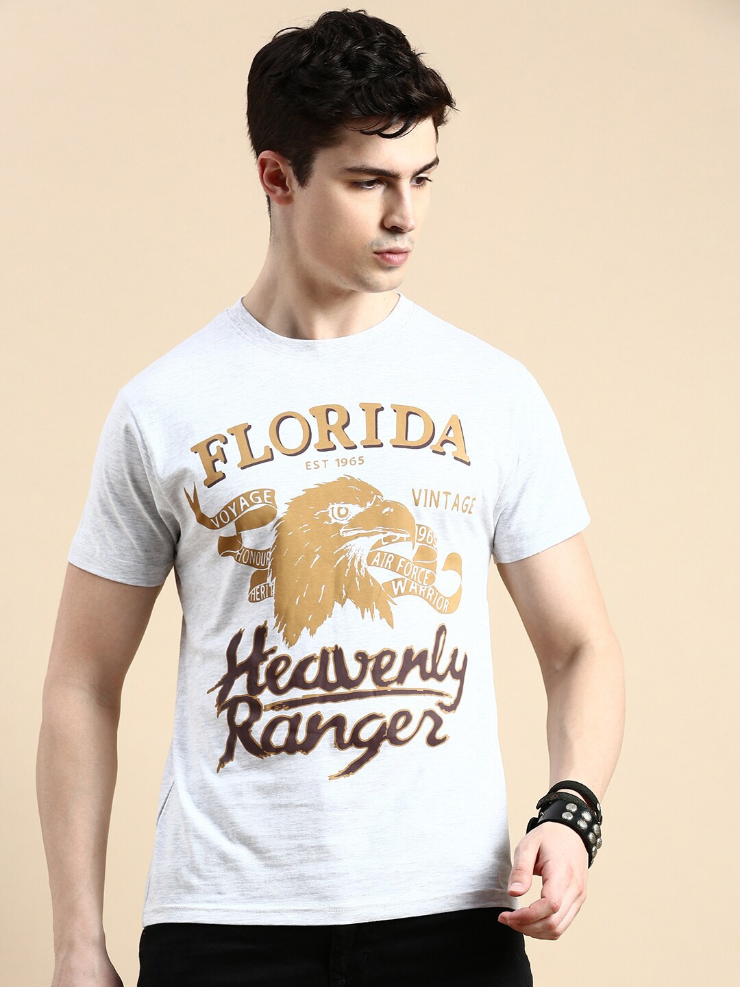 

BLACK RADIO Conversational Printed Round Neck Cotton T-shirt, Off white