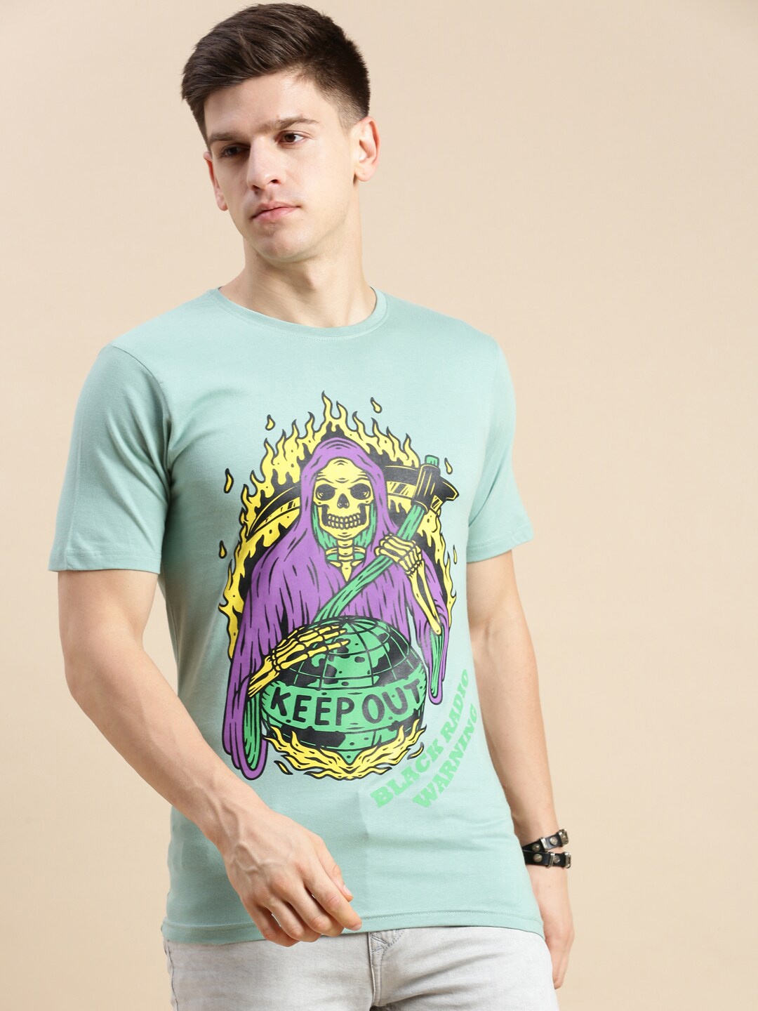 

BLACK RADIO Graphic Printed Round Neck Cotton T-shirt, Sea green