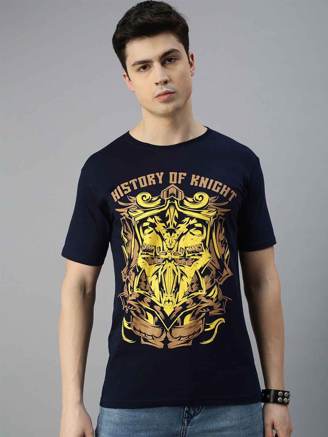 BLACK RADIO Graphic Printed Round Neck Cotton T-shirt, Navy blue