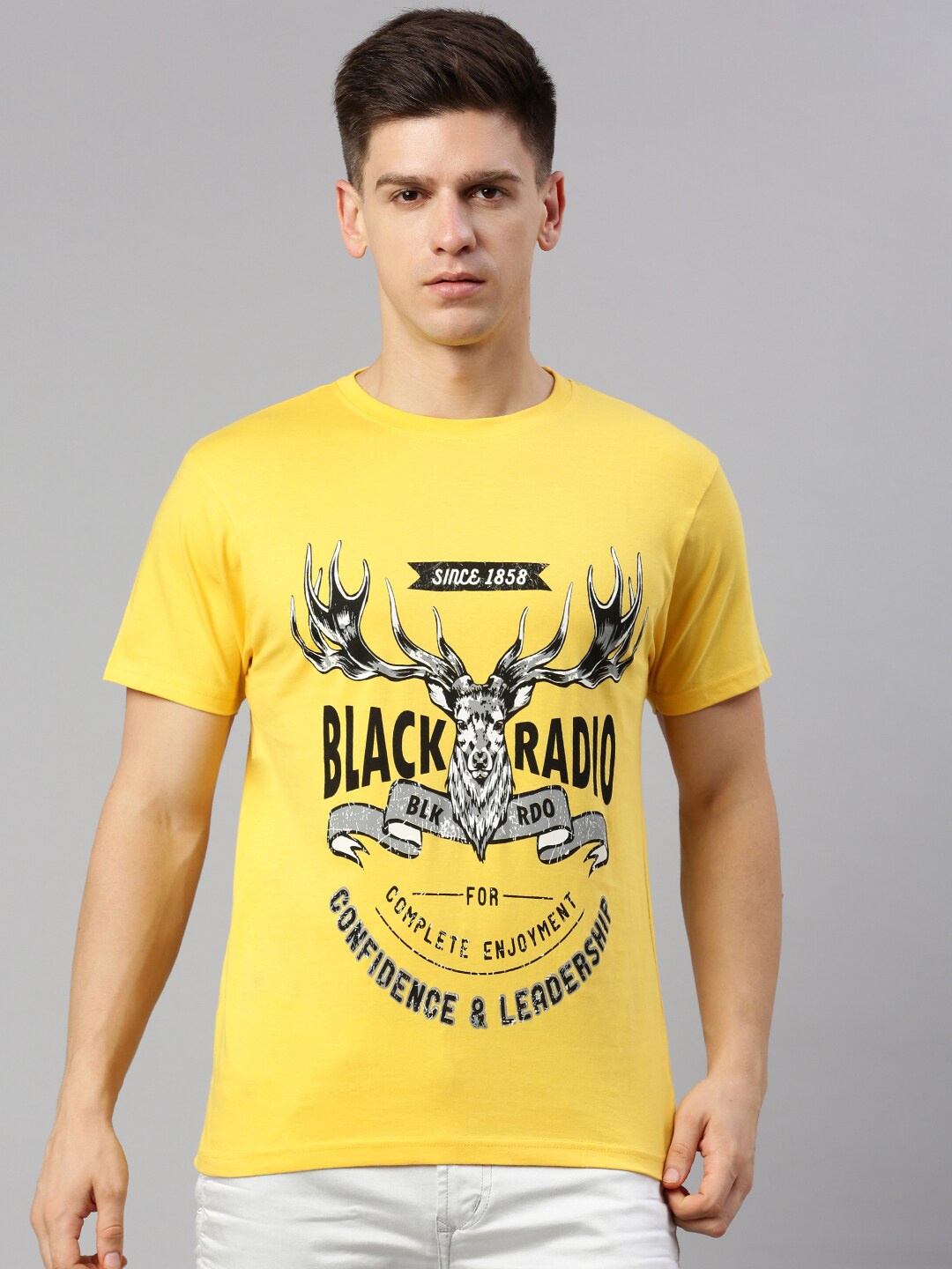

BLACK RADIO Graphic Printed Round Neck Cotton Casual T-shirt, Yellow