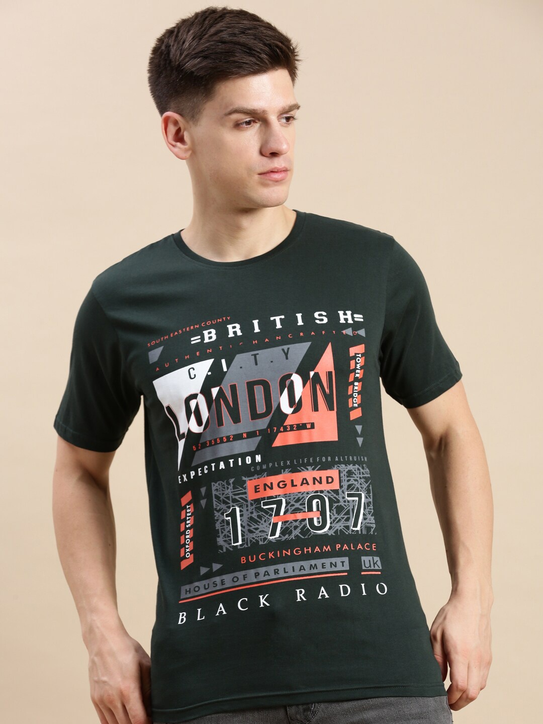 

BLACK RADIO Typography Printed Round Neck Cotton T-Shirt, Green