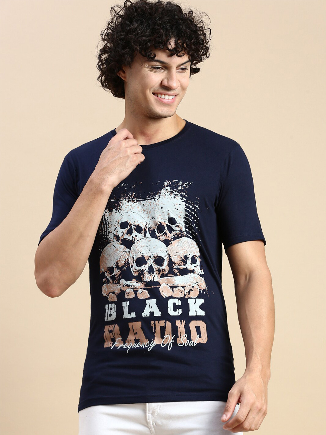 

BLACK RADIO Graphic Printed Cotton T-Shirt, Navy blue