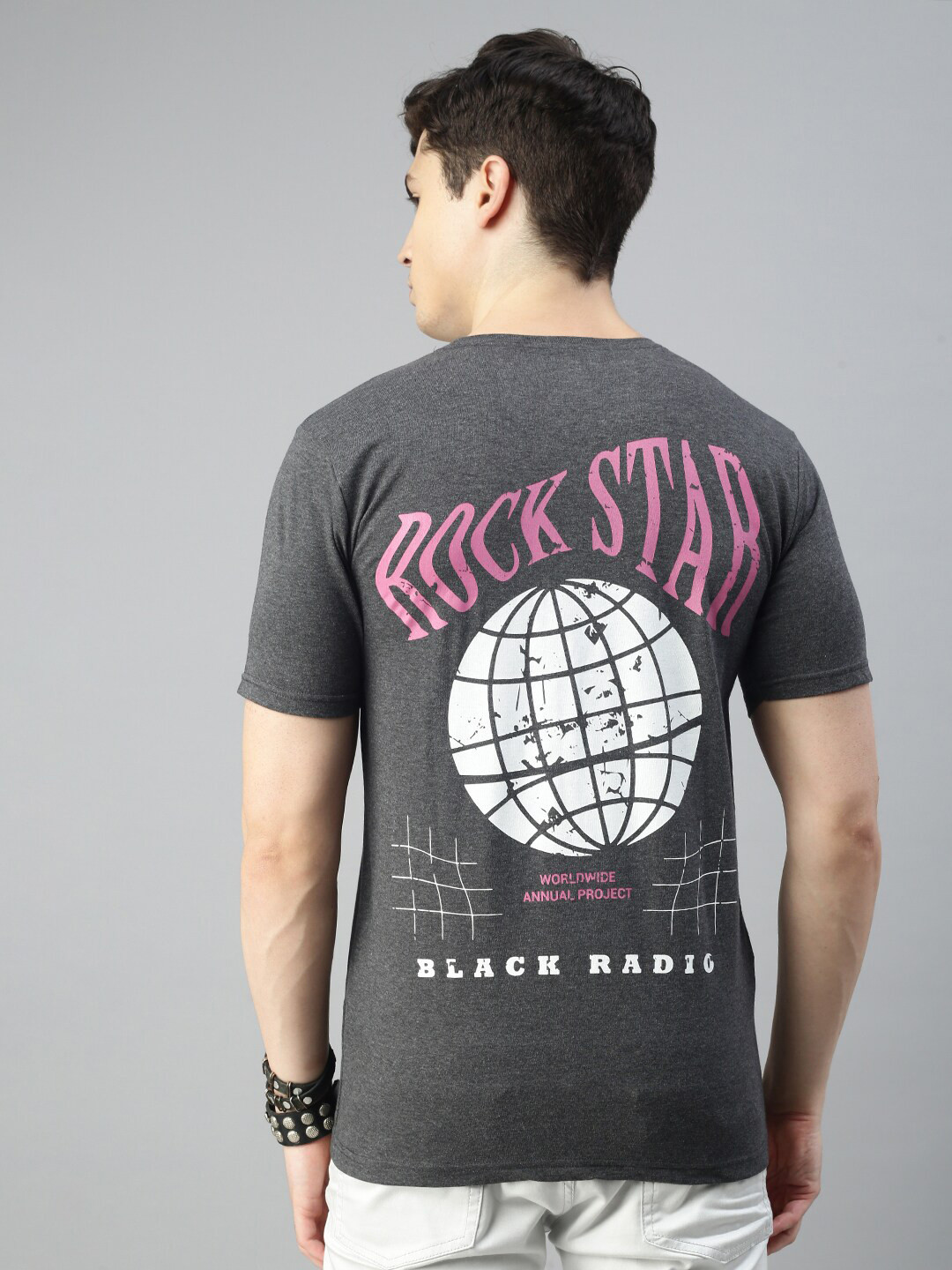 

BLACK RADIO Typography Printed Round Neck Cotton T-Shirt, Charcoal
