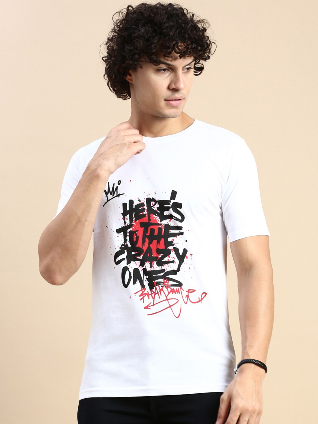 

BLACK RADIO Typography Printed Round Neck Cotton T-Shirt, White