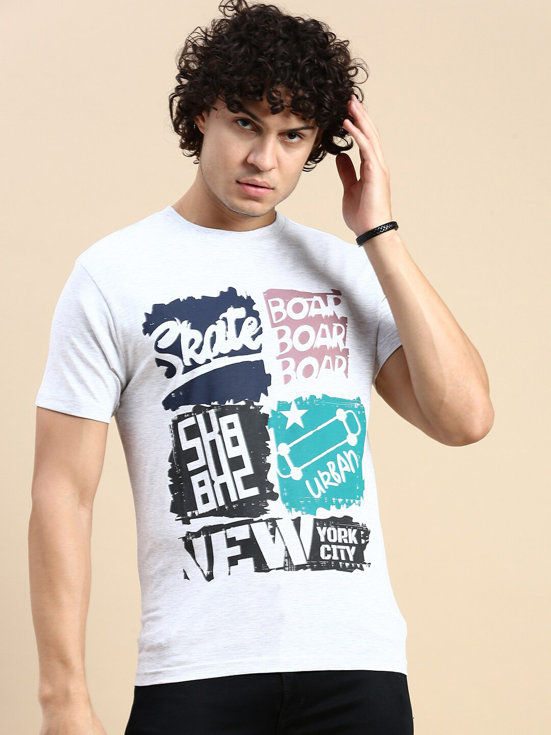 

BLACK RADIO Typography Printed Round Neck Cotton T-Shirt, Off white