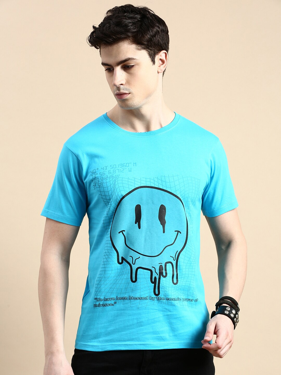 

BLACK RADIO Graphic Printed Cotton T-Shirt, Turquoise blue