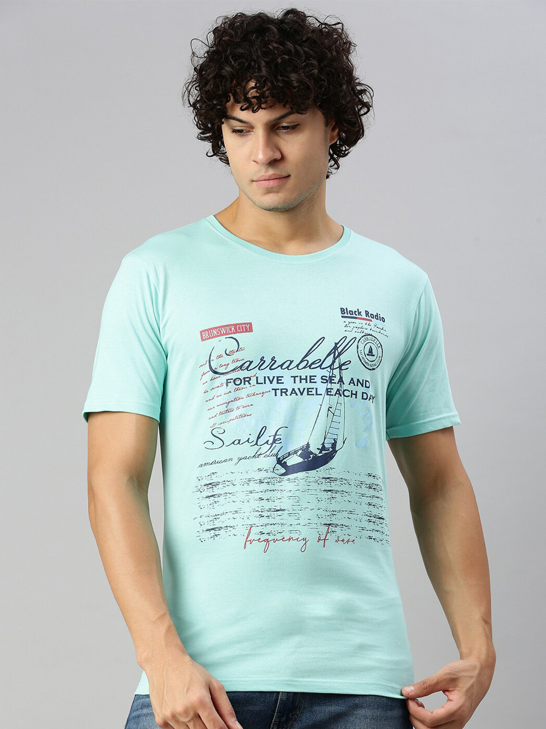 

BLACK RADIO Typography Printed Cotton T-shirt, Blue