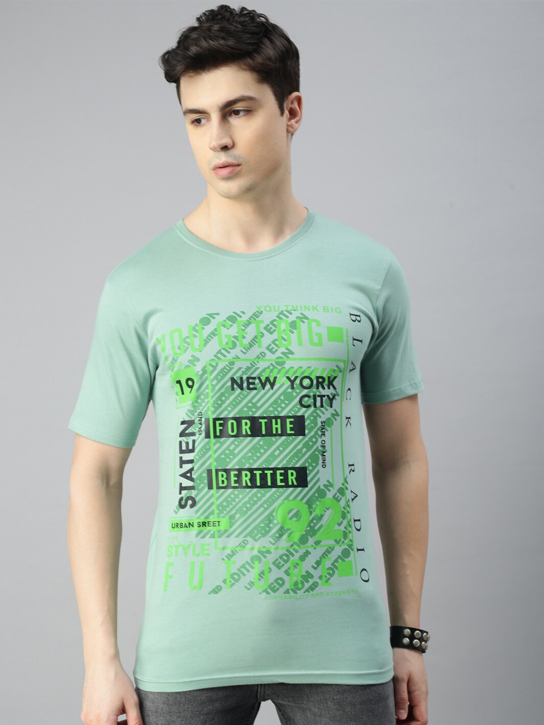 

BLACK RADIO Typography Printed Round Neck Cotton Regular T-shirt, Sea green