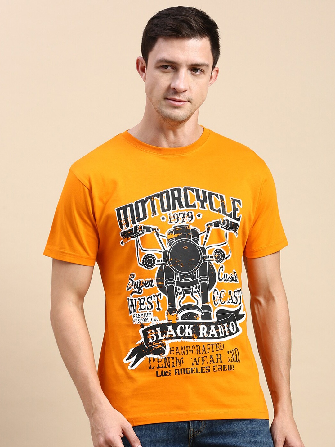 

BLACK RADIO Biker Printed Round Neck Cotton Regular T-shirt, Orange