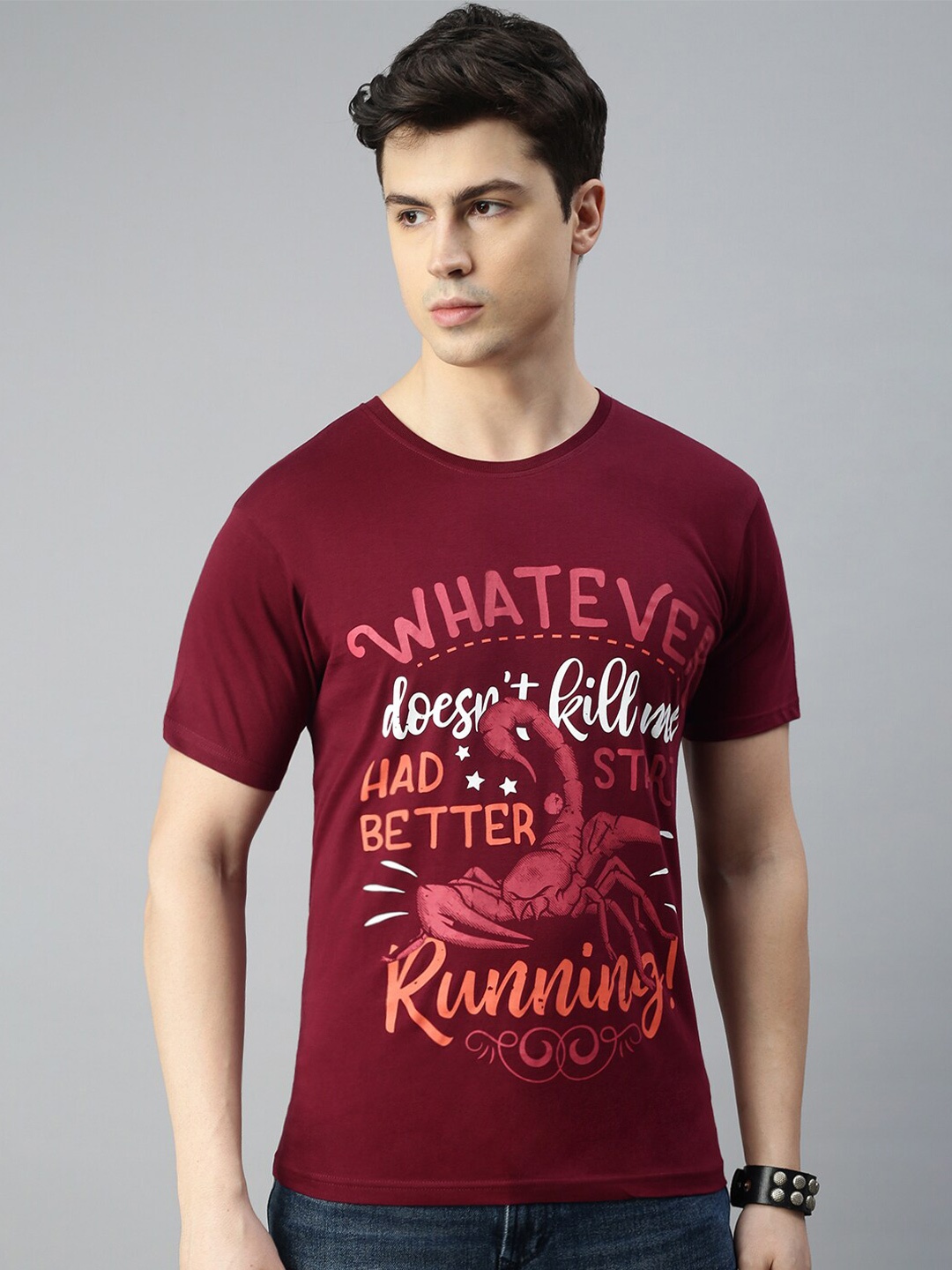 

BLACK RADIO Graphic Printed Round Neck Cotton Regular T-shirt, Maroon
