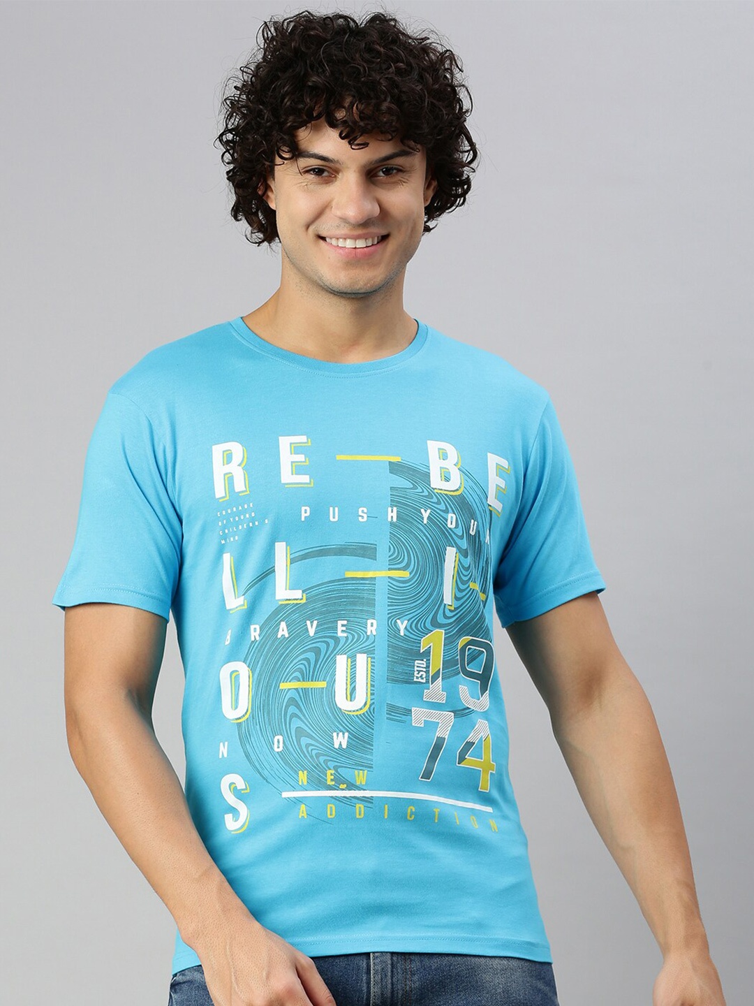 

BLACK RADIO Typography Printed Round Neck Cotton Regular T-shirt, Turquoise blue