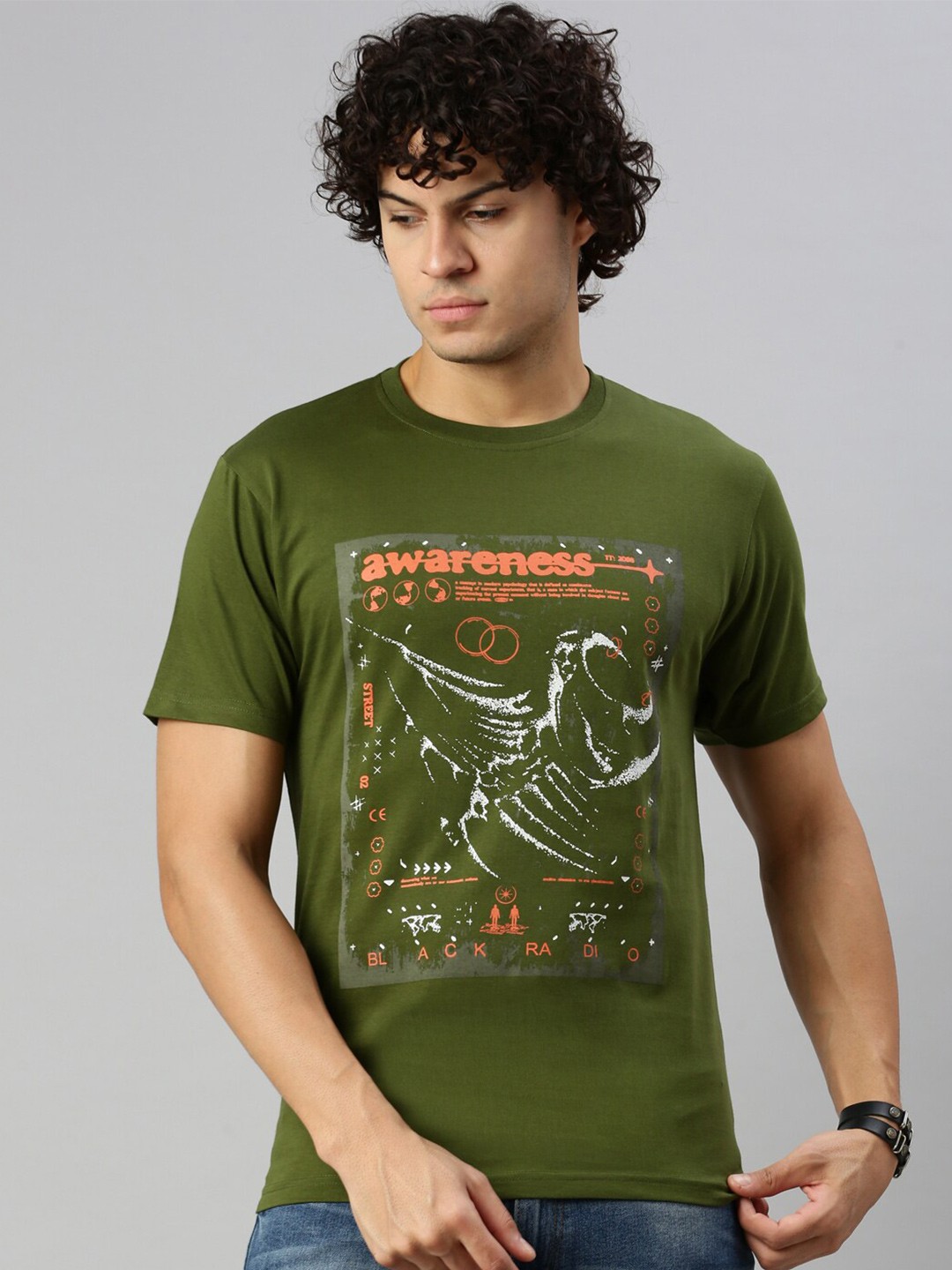 

BLACK RADIO Graphic Printed Pure Cotton T-shirt, Olive